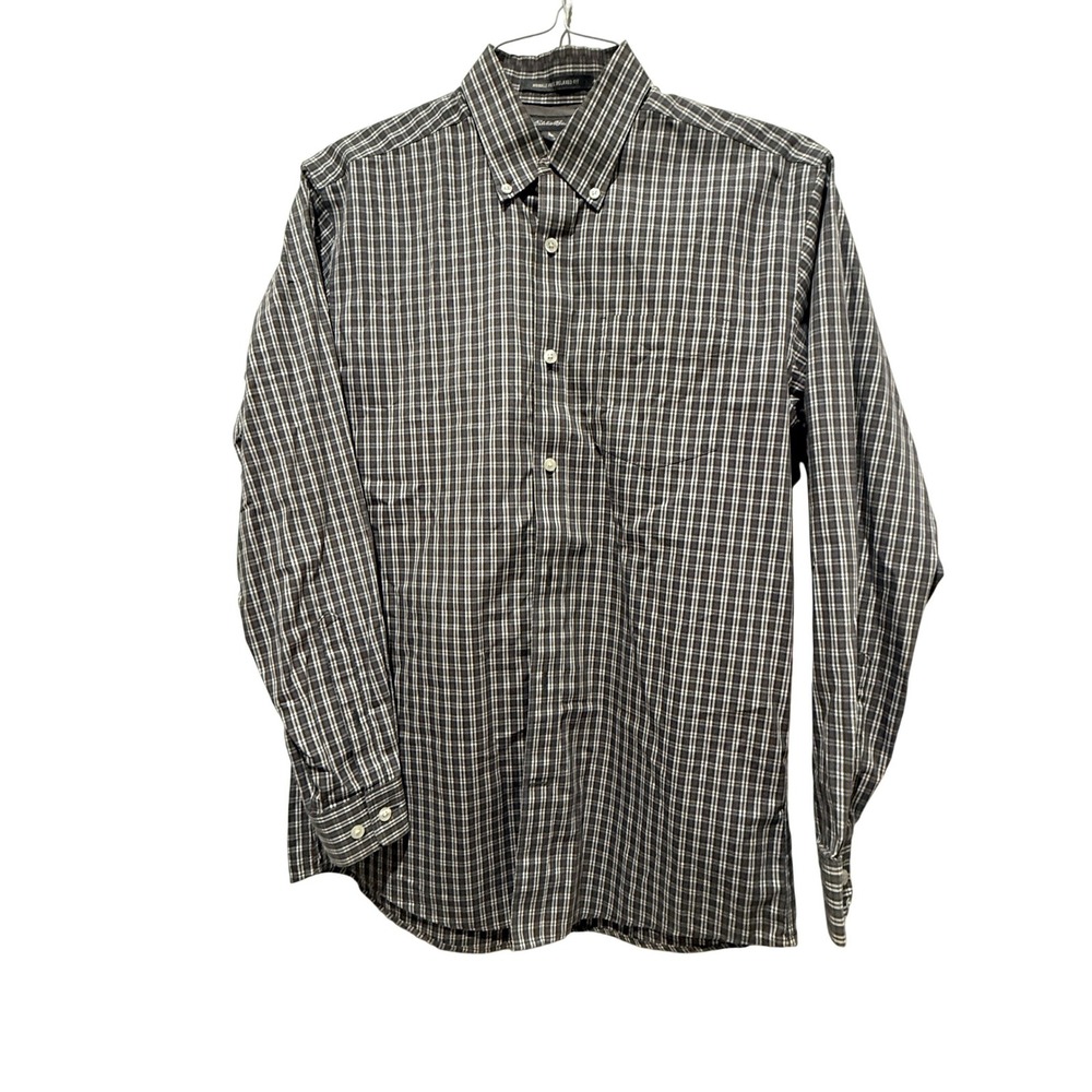 Eddie Bauer Button Down Shirt Mens Small Gray Plaid Excellent Relaxed Fit Cotton